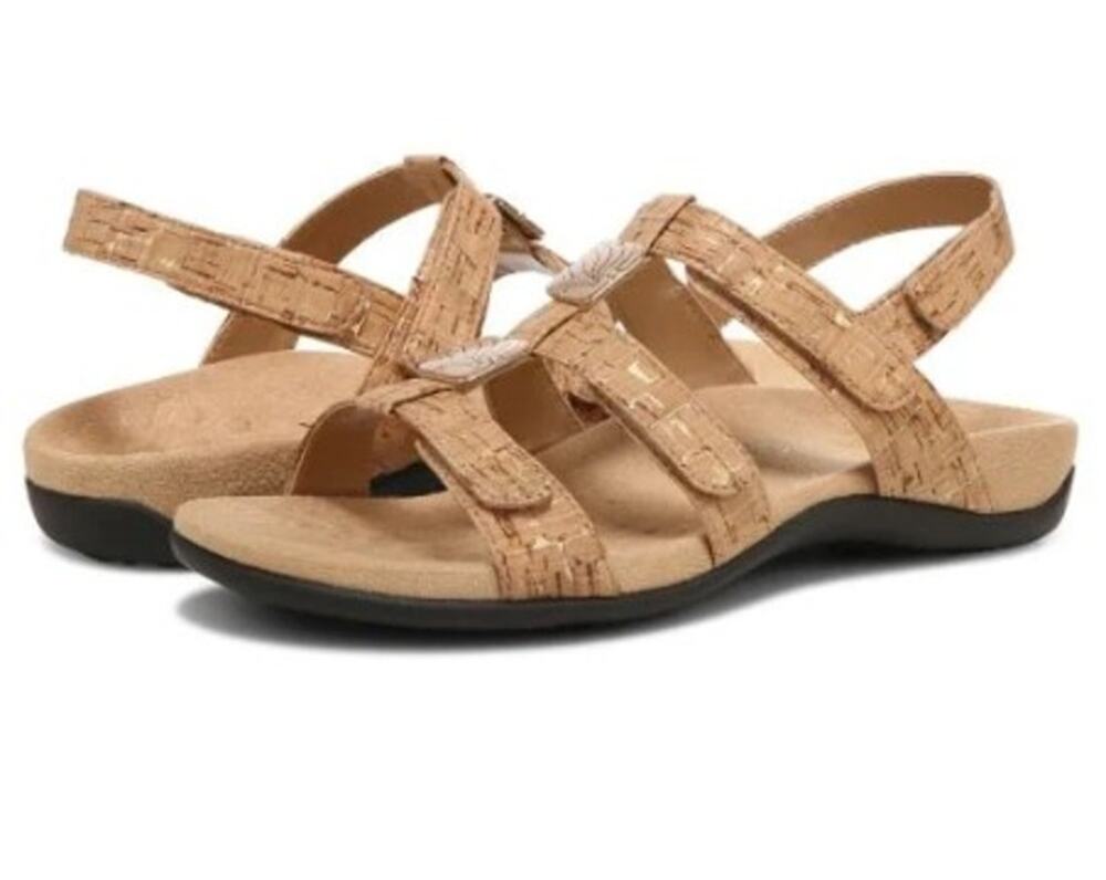 VIONIC Amber Adjustable Sandals Size 8 Gold Cork Flat Casual Travel Comfort